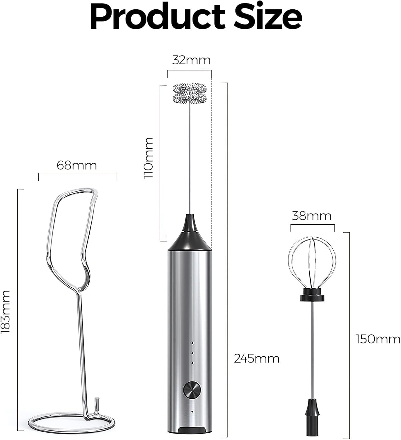 Rechargeable Milk Frother, 3-Speed Electric Mixer with Stand | Frother Wand with 2 Stainless Steel Whisks, Handheld Drink Mixer for Latte, Cappuccino, Matcha, Coffee and Protein Drinks