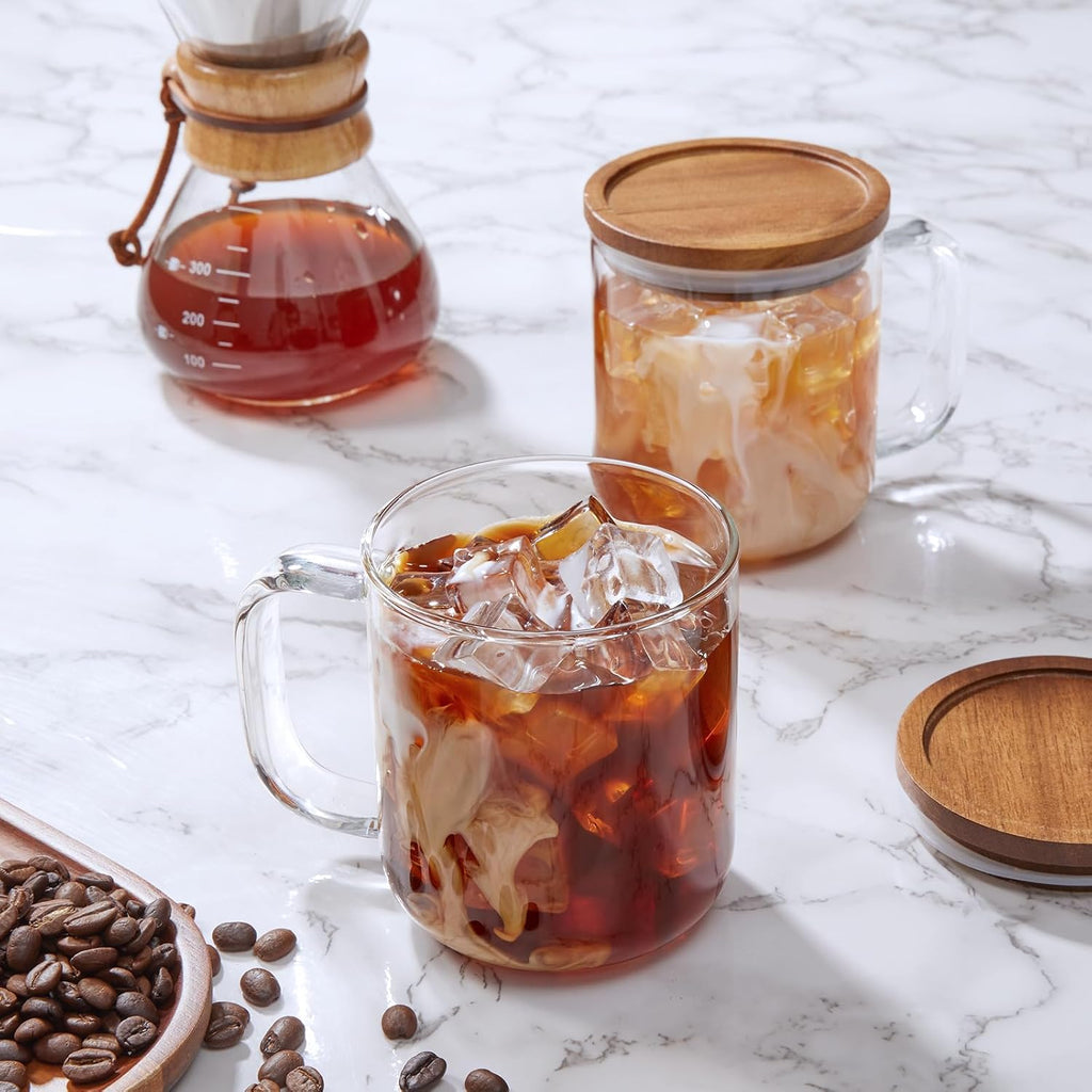 Glass Coffee Mugs,Clear Coffee Cups, Coffee Mug with Acacia Wood Lid, Tea Glass Cups with Handles, Large Coffee Mug Set of 2, Glass Coffee Cups for Latte, Espresso, Tea (2, 16 Oz)