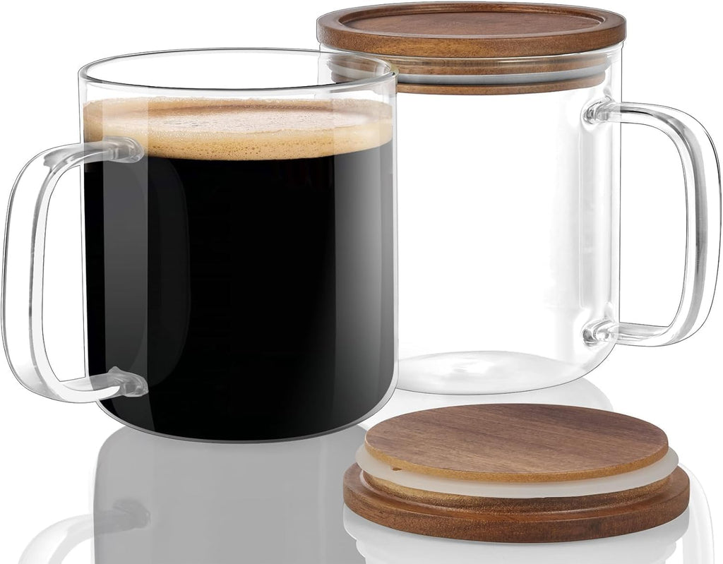 Glass Coffee Mugs,Clear Coffee Cups, Coffee Mug with Acacia Wood Lid, Tea Glass Cups with Handles, Large Coffee Mug Set of 2, Glass Coffee Cups for Latte, Espresso, Tea (2, 16 Oz)