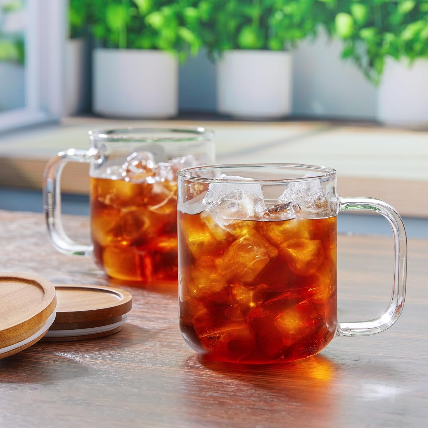 Glass Coffee Mugs,Clear Coffee Cups, Coffee Mug with Acacia Wood Lid, Tea Glass Cups with Handles, Large Coffee Mug Set of 2, Glass Coffee Cups for Latte, Espresso, Tea (2, 16 Oz)