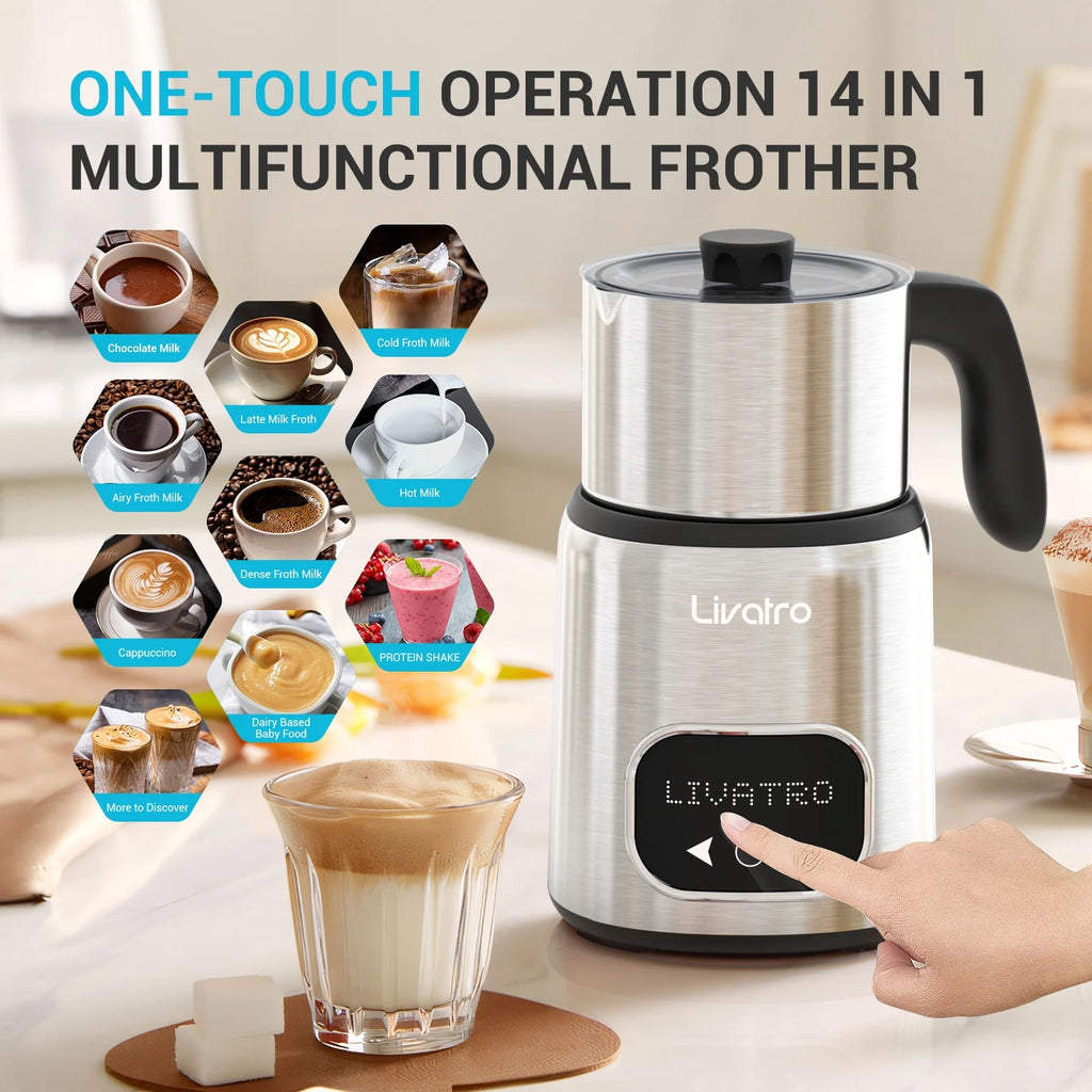 Electric Milk Frother, 14-In-1 Milk Frother | Twin Cup (20.3 Oz & 13.5 Oz) | Memory Function | Automatic Hot & Cold Milk Frother Heater