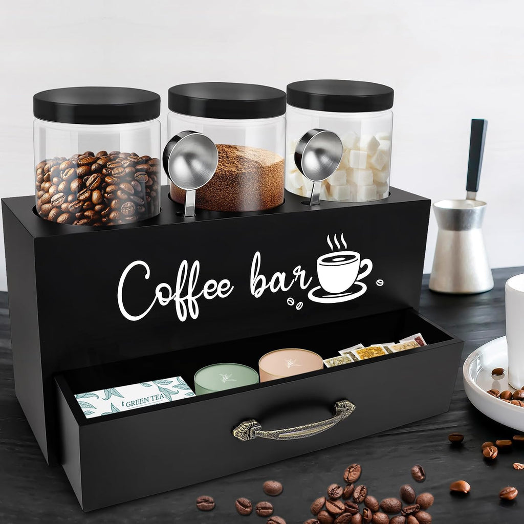 54 Oz Coffee Canister Set with Shelf, Coffee and Sugar Container Set of 3 Canisters Sets for Kitchen Counter, Plastic Coffee Bean Storage Container with Scoop (Black - Drawer)