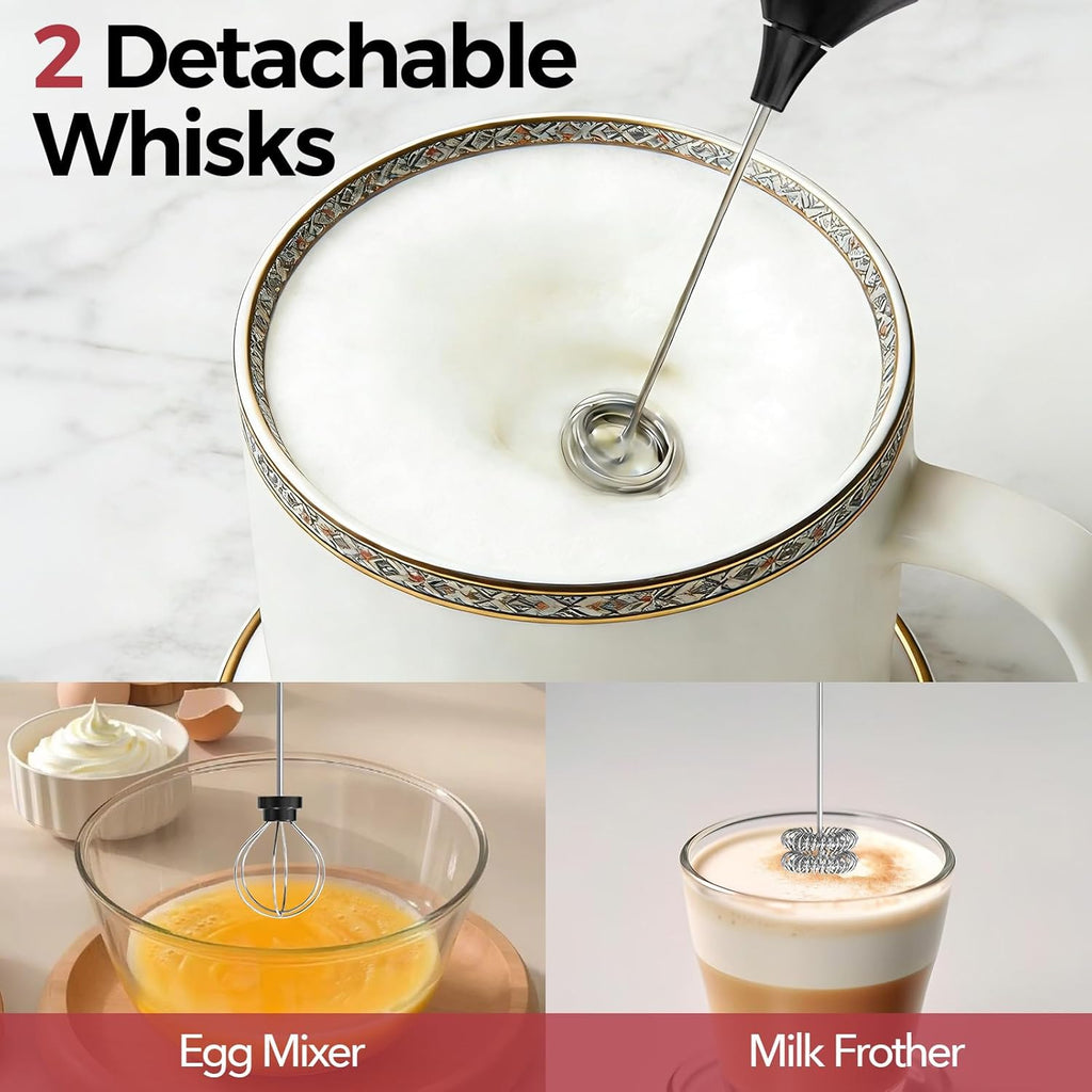 Rechargeable Milk Frother, 3-Speed Electric Mixer with Stand | Frother Wand with 2 Stainless Steel Whisks, Handheld Drink Mixer for Latte, Cappuccino, Matcha, Coffee and Protein Drinks