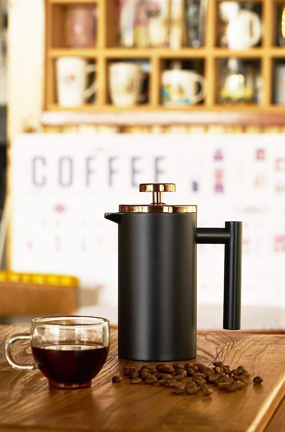 12Oz French Press for One Person, Small Coffee Press 350Ml with 2 Filter Mesh, Double Wall Insulated French Press for Travel, Black