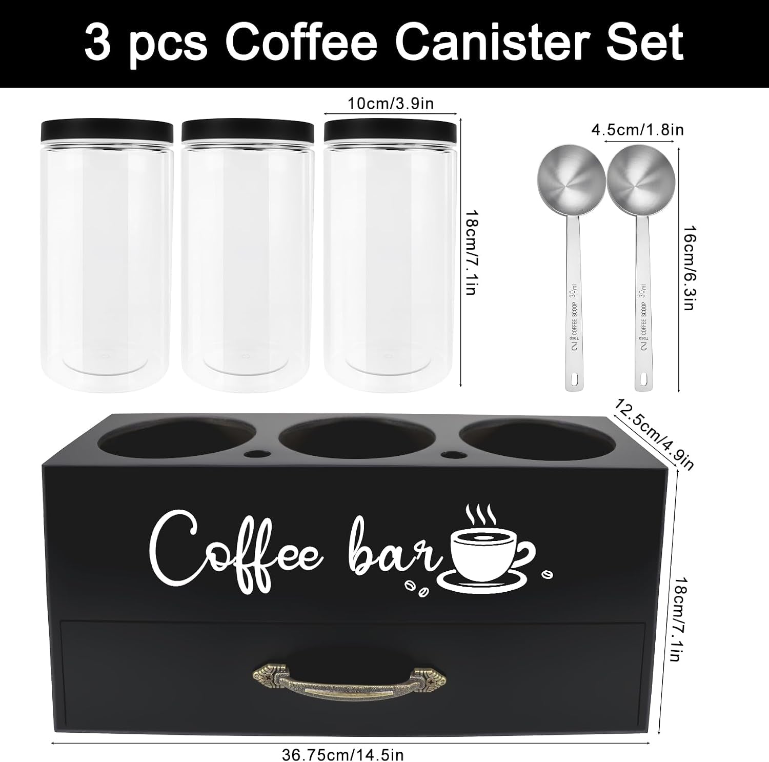 54 Oz Coffee Canister Set with Shelf, Coffee and Sugar Container Set of 3 Canisters Sets for Kitchen Counter, Plastic Coffee Bean Storage Container with Scoop (Black - Drawer)