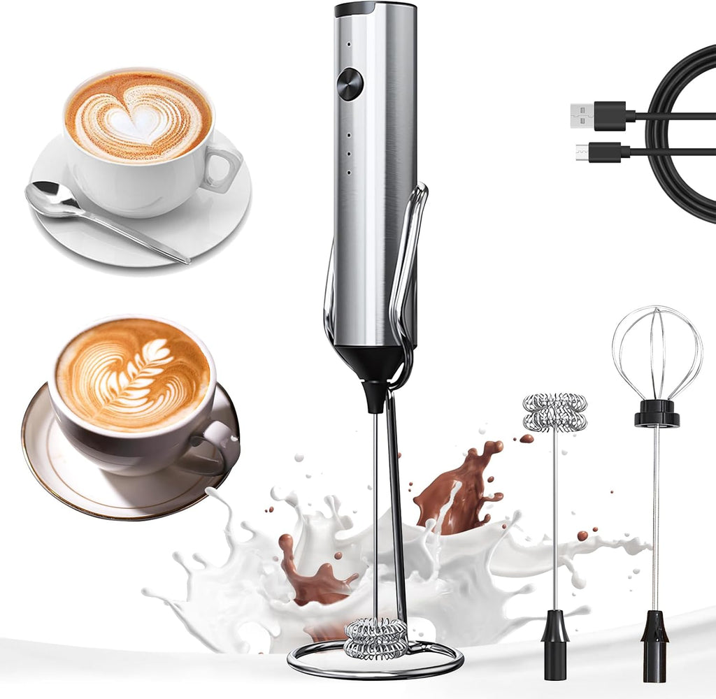 Rechargeable Milk Frother, 3-Speed Electric Mixer with Stand | Frother Wand with 2 Stainless Steel Whisks, Handheld Drink Mixer for Latte, Cappuccino, Matcha, Coffee and Protein Drinks